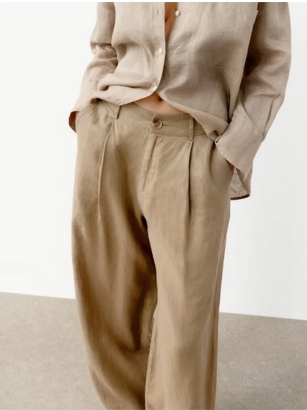 Zara 100% Linen Neutral Tan High Waist Wide Leg Pants M